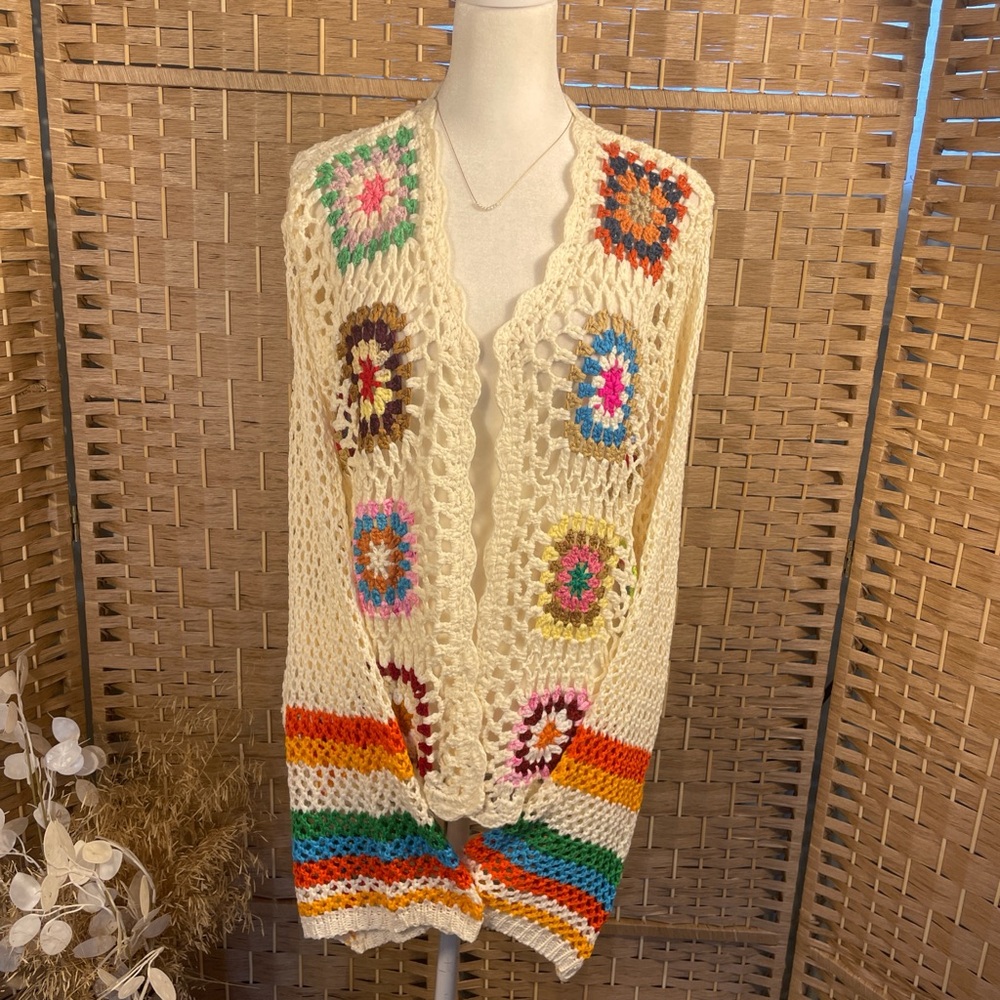 Cream Crochet Open-Front Women’s Sweater with Multicolor Accents SOFT!